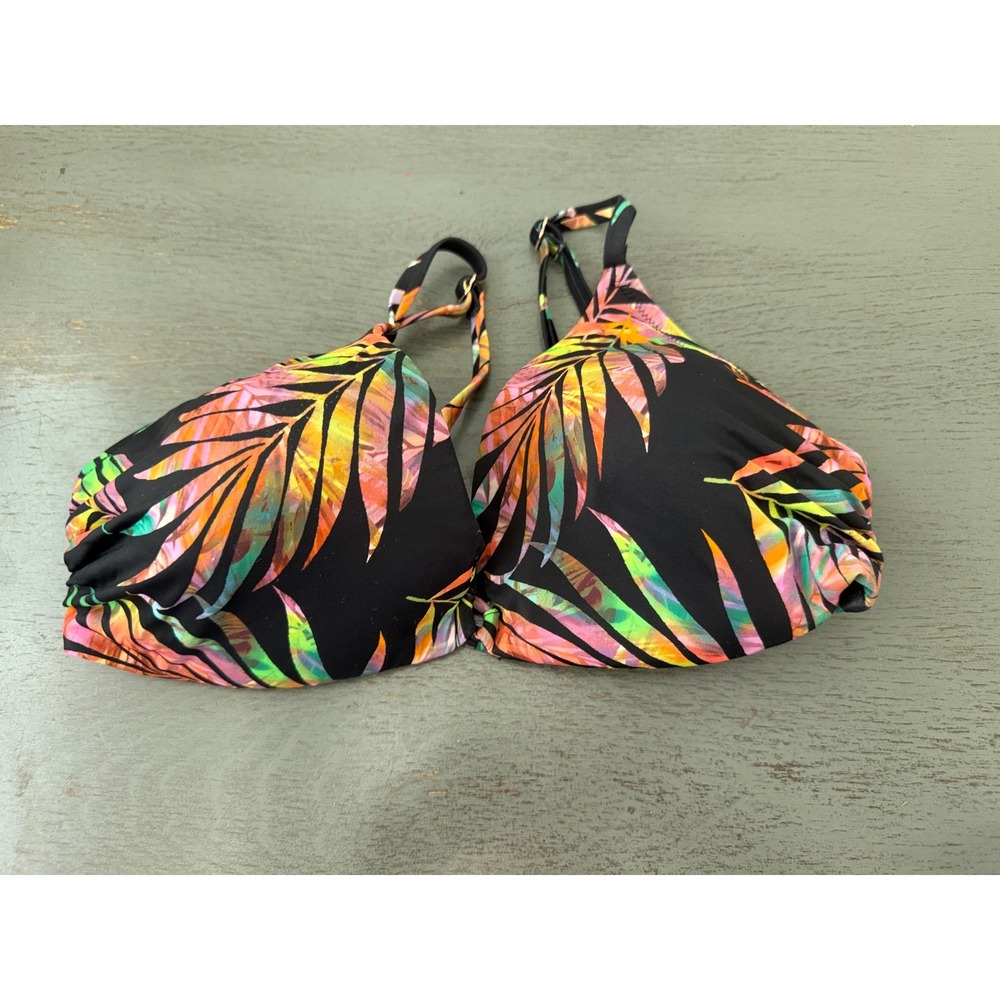 Shade & Shore Womens Tropical Palm Underwire Bikini Top Black Neon Pink 36D